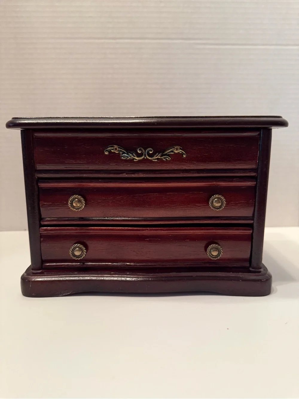 Vintage Styled by Mele Wooden Musical Jewelry Box Velvet Lining Cherry Finish